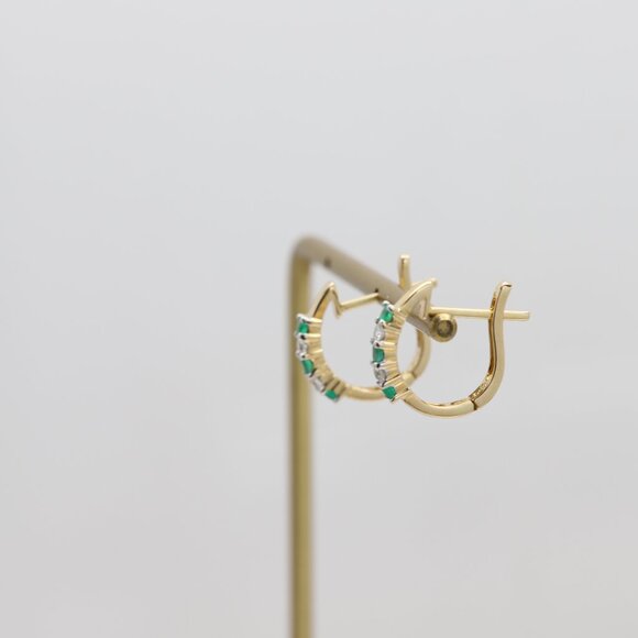 14k small Emerald Huggie Earrings Very cute Emeralds and Diamonds Earring - Picture 6 of 7